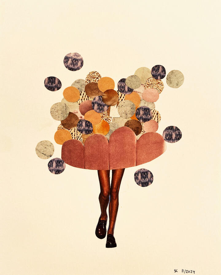 spreading my charisma ~ paper collage and ink on paper / 6 x 8 in / 2024