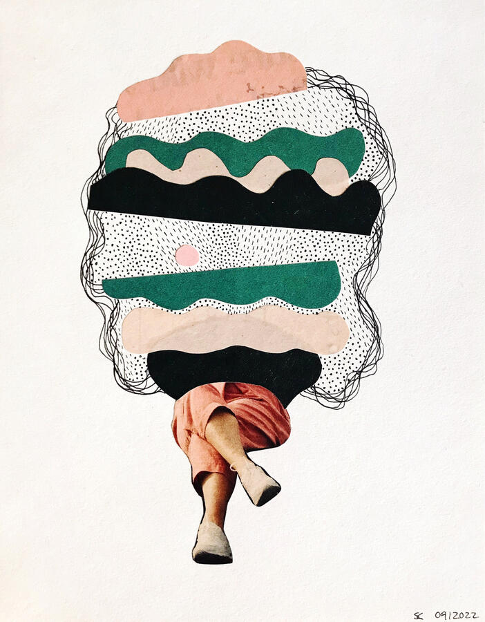 sitting pretty ~ paper collage and ink on paper / 5 x 7 in / 2022
